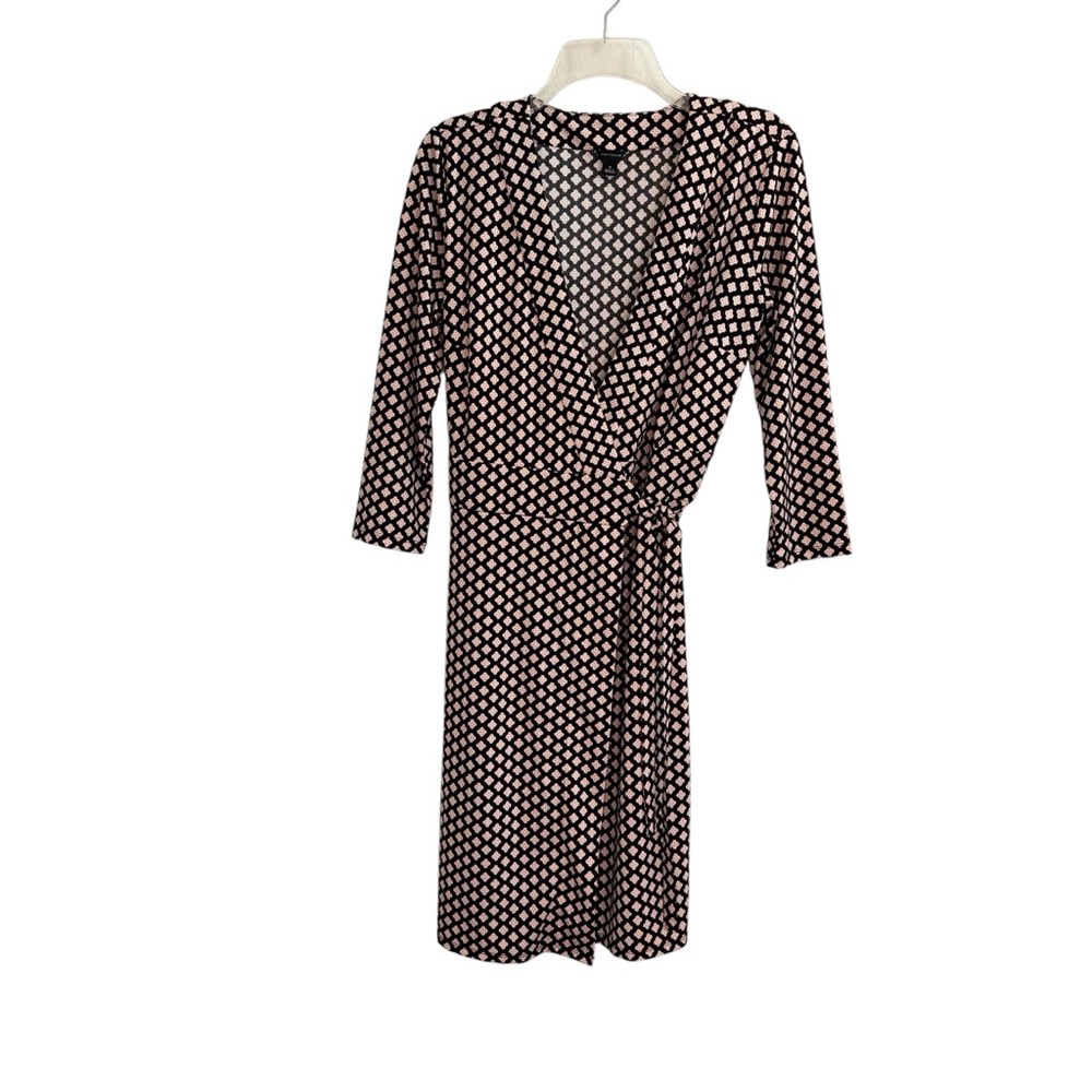 Ann Taylor Wrap Dress Size 8 Black Pink Geometric V-Neck 3/4 Sleeve A-Line